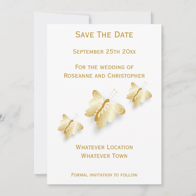 Carte de mariage or save the date papillons (Devant)