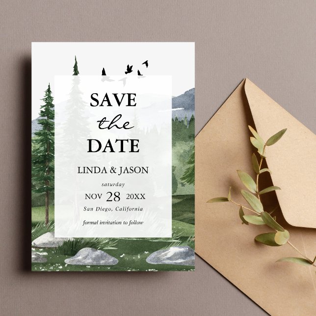 Carte de mariage personnalisée "Pine Tree Forest"  (Custom pine forest save the date card sets a serene tone for your upcoming wedding.)