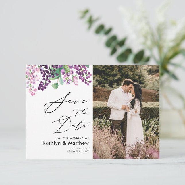 Carte de mariage photo à motif floral violet aquar (Debout devant)