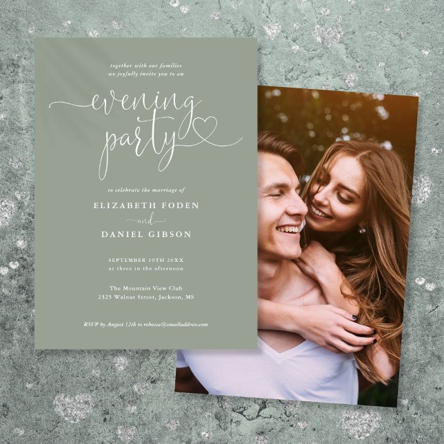 Carte de mariage photo de soirée vert sauge (Sage Green Script Photo Wedding Evening Party Invitation)