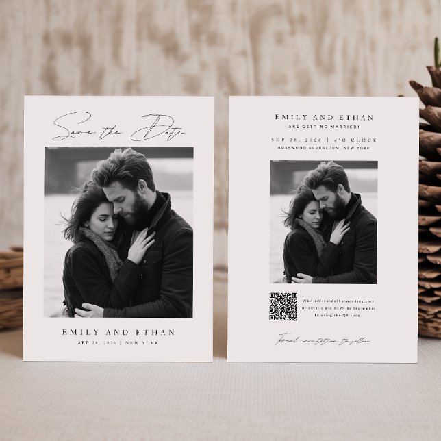 Carte de Mariage Photo QR Code Noir & Blanc Save T (Créateur téléchargé)