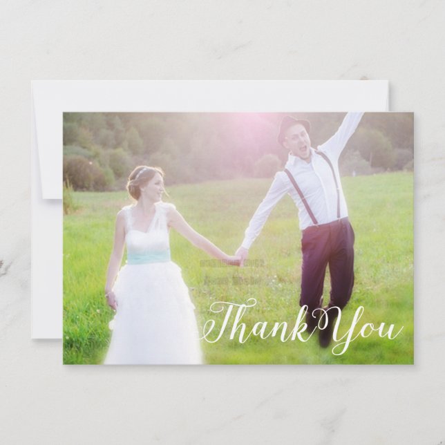 Carte de mariage photo typographie blanche MERCI (Devant)