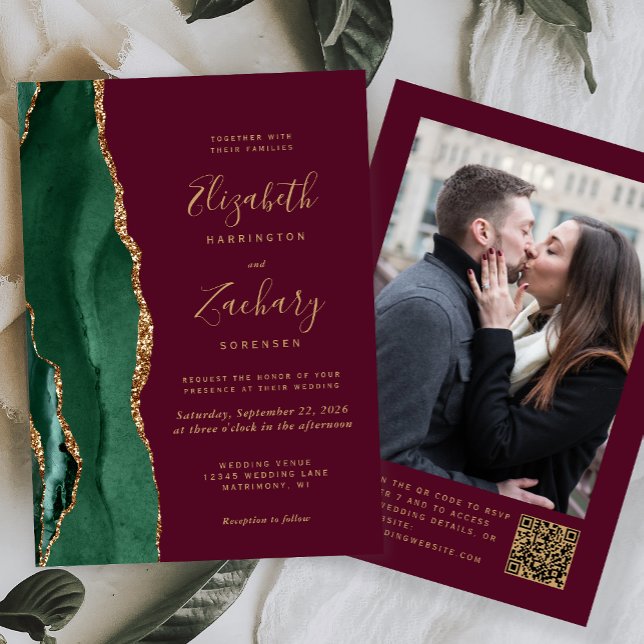 Carte de mariage QR Code Photo Bourgogne Agate Ver (Créateur téléchargé)