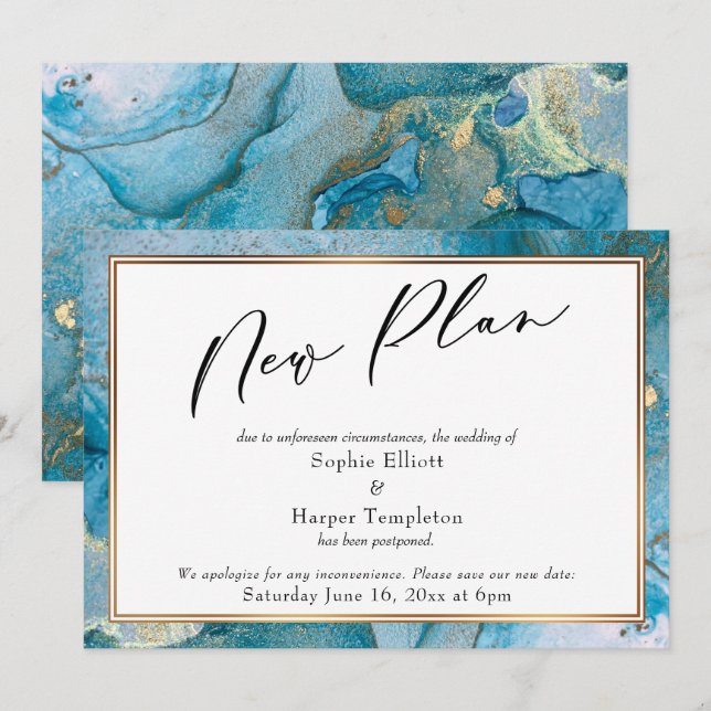 Carte de mariage reporté à encre sarcelle et or "N (Devant / Derrière)