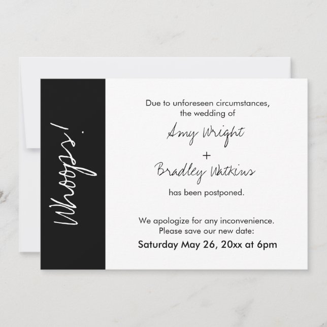 Carte de mariage reporté Black White Block Whoops! (Devant)