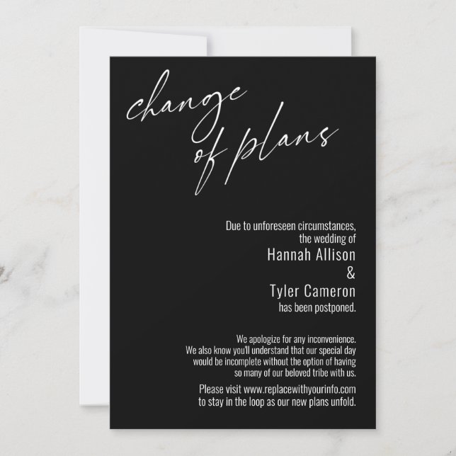 Carte de mariage reporté Changement de plans Black (Devant)