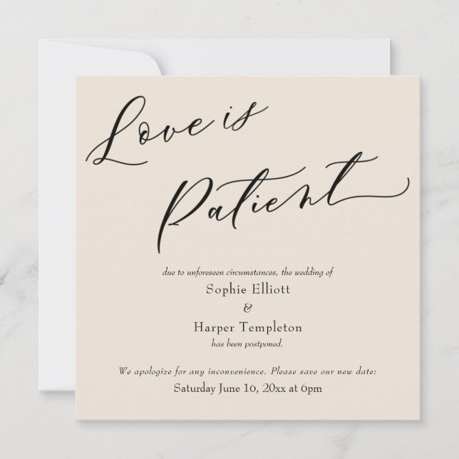 Carte de mariage reporté crème Love is Patient (Devant)