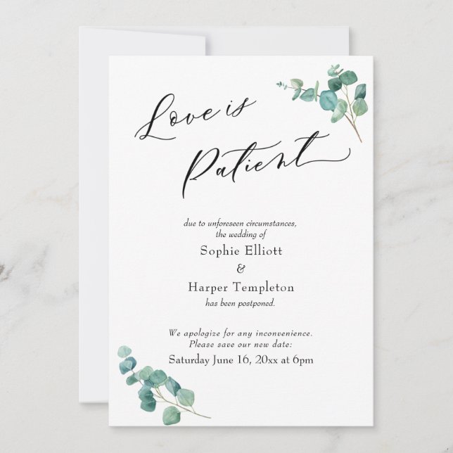 Carte de mariage reporté Eucalyptus : L'amour est  (Devant)