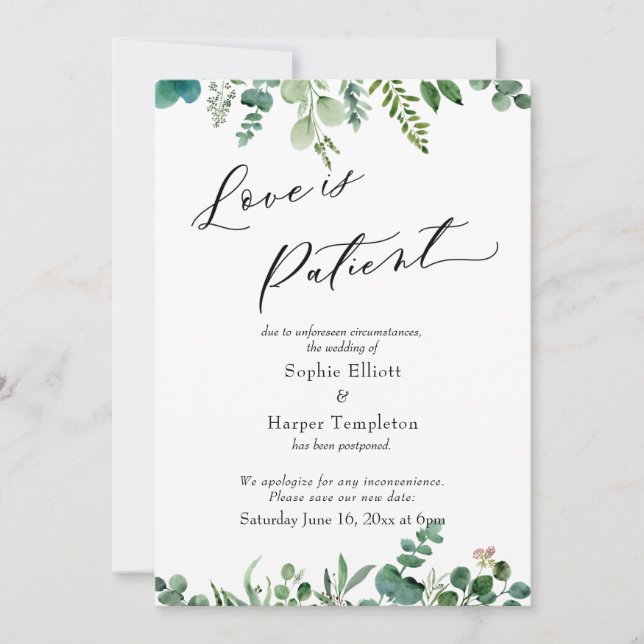 Carte de mariage reporté Eucalyptus 'L'amour est p (Devant)