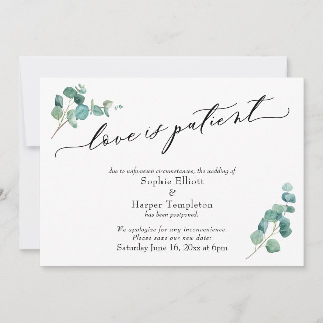 Carte de Mariage Reporté Eucalyptus 'L'amour est P (Devant)