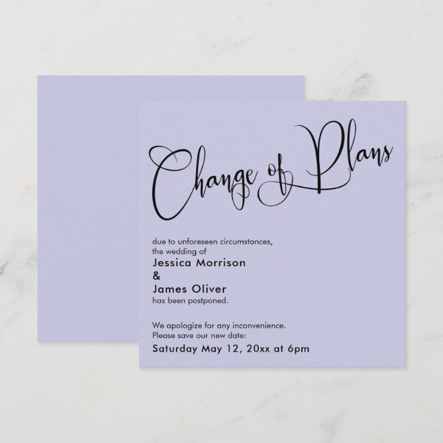 Carte de mariage reporté Lavande Changement de pla (Devant / Derrière)
