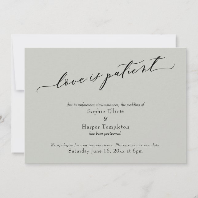 Carte de Mariage Reporté Vert Sage 'L'amour est Pa (Devant)