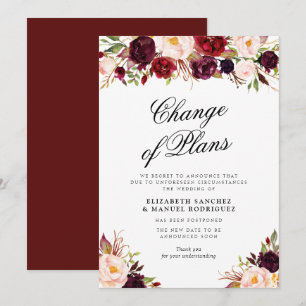 carte de mariage reportée florale bordeaux