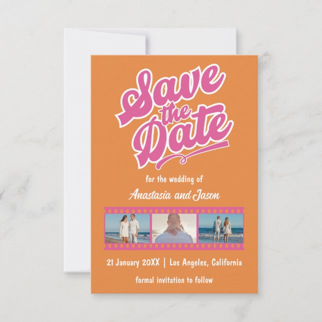 Carte de mariage rétro rose et orange "Save the Da (Devant)