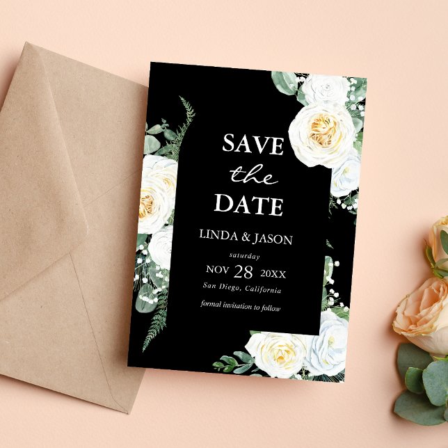Carte de Mariage Roses Noires et Blanches pour Sau (Black white roses save the date card sets a timeless tone for your wedding announcement.)