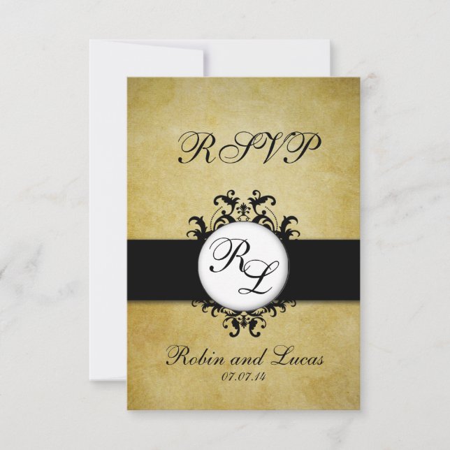 Carte de mariage RSCP Monogramme Vintage Damas chi (Devant)