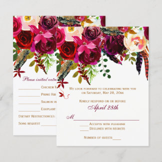 Carte de mariage RSVP 2 (REPAS) - Floral, Plumes