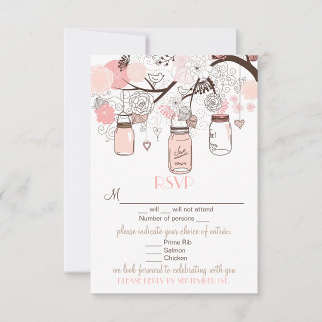 Carte de mariage RSVP avec pots Mason roses et ois (Devant)