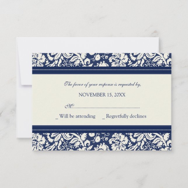 Carte de Mariage RSVP Crème et Motif bleu (Devant)