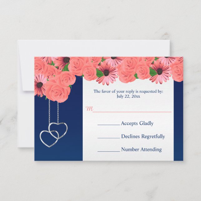 Carte de mariage RSVP Fleurs de corail et bleu mar (Devant)