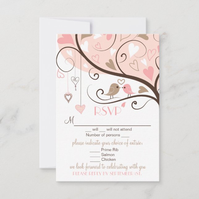 Carte de mariage RSVP tourtereaux rose et marron (Devant)