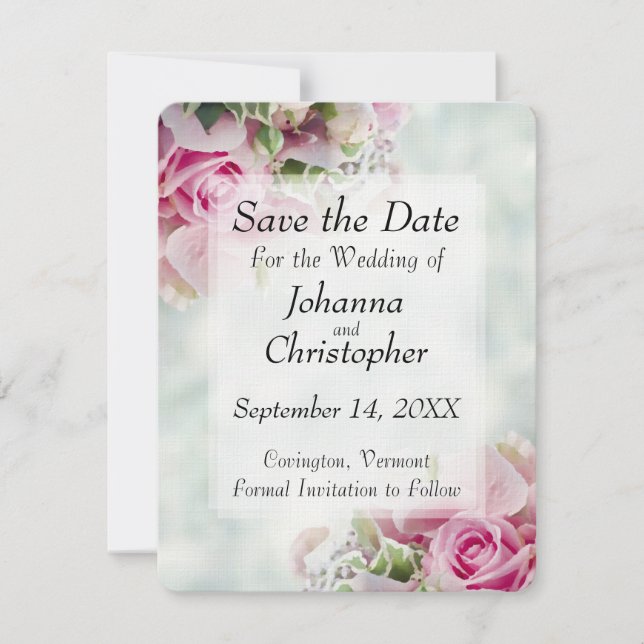 Carte de mariage 'Save the Date' aux roses roses (Devant)