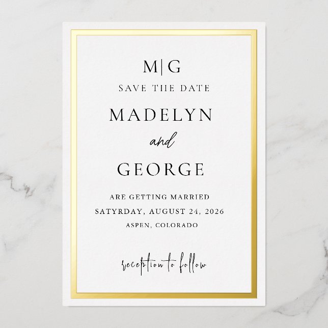 Carte de mariage 'Save the Date' avec bordure doré (Recto)