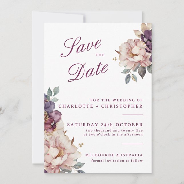 Carte de mariage 'Save the Date' fleur violette vi (Devant)