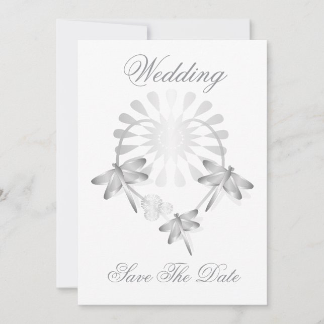 Carte de Mariage "Save The Date" Libellules Argent (Devant)