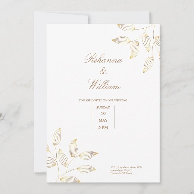 carte de mariage simple élégante avec fleurs or et (Devant)