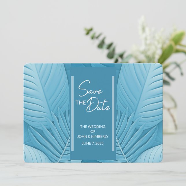 Carte de mariage Teal Tropical Save The Date avec  (Debout devant)
