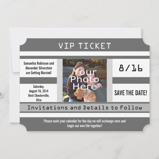 Carte de mariage 'Ticket Save the Date' avec photo (Devant)