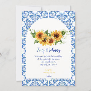 Carte de mariage tournesol en carreaux bleus et bl