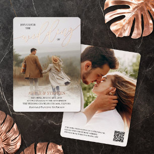 Carte de mariage tout-en-un avec code QR photo or 