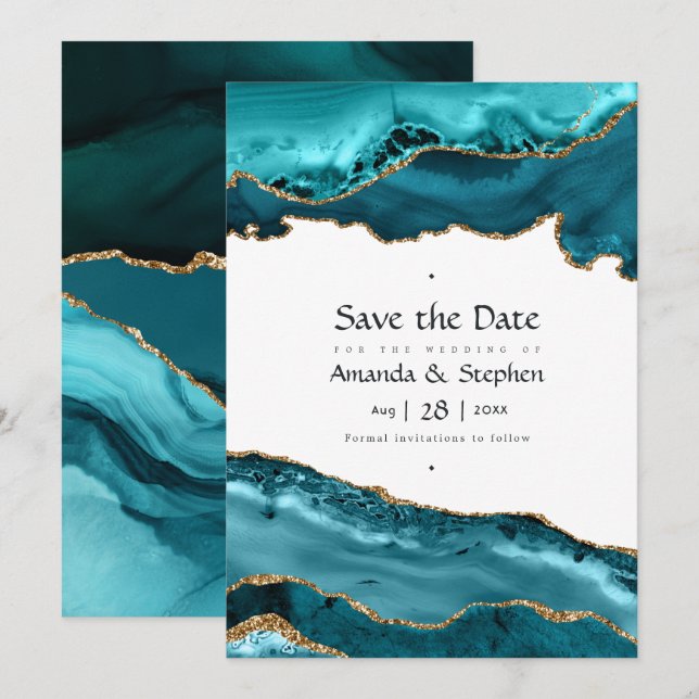 Carte de mariage Turquoise et Agate dorée Enregist (Devant / Derrière)