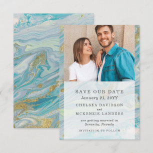 Carte de mariage turquoise et or avec motif marbré