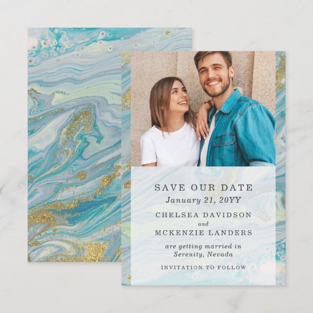 Carte de mariage turquoise et or avec motif marbré (Devant / Derrière)