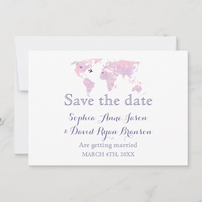 Carte de mariage voyage carte du monde aquarelle S (Devant)