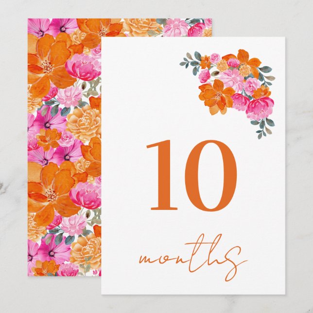 Carte de marque de 10 mois bébé rose et orange (Devant / Derrière)