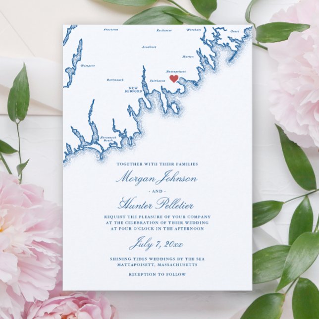 Carte de Mattapoisett MA Élégante Bleu Nuit Mariag (Mattapoisett Massachusetts Wedding Invitation in Elegant Navy Blue from Coastal Map Designs)