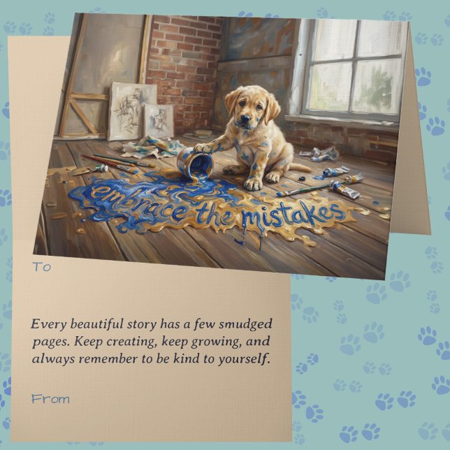 Carte de mentalité de croissance Chien Animalcore  (Whimsical thinking of you card featuring a golden Labrador puppy spilling paint encouragement card )