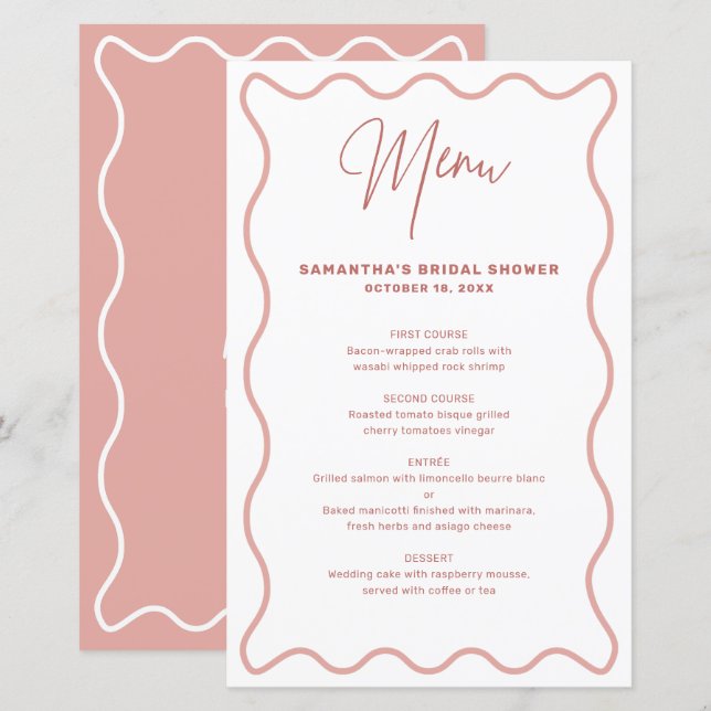 Carte de menu à bordure ondulée rose et blanche av (Devant / Derrière)