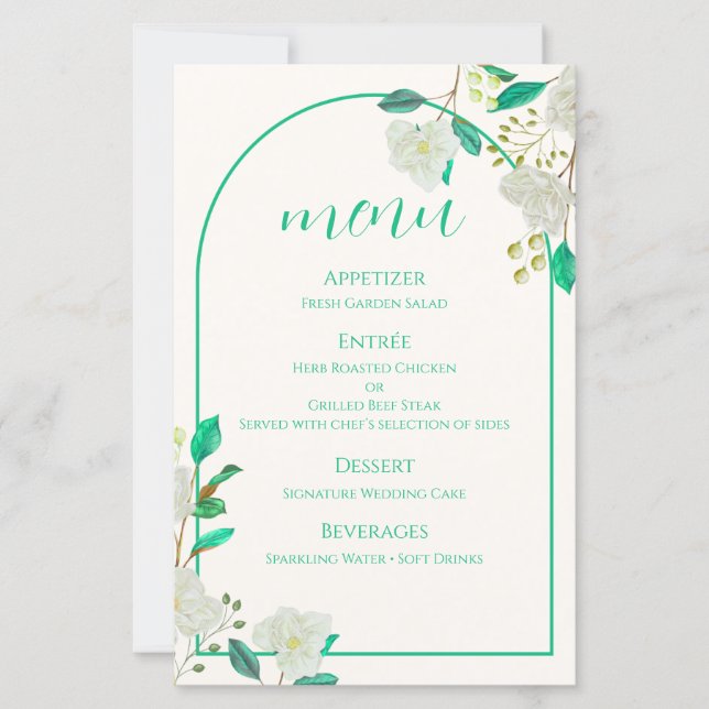 Carte de menu à l'arche florale blanche (Devant)