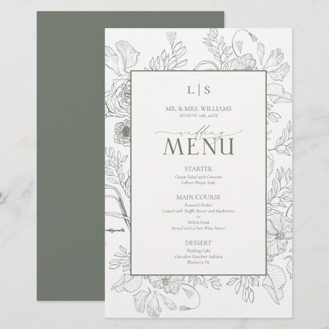 Carte de menu à monogramme calligraphié vert sauge (Devant / Derrière)