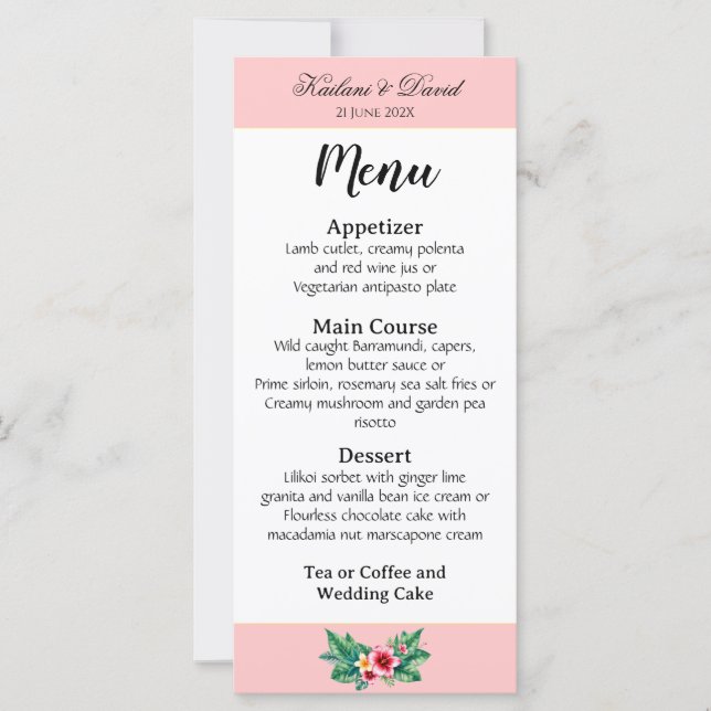 Carte de menu à thème mariage floral tropical (Devant)