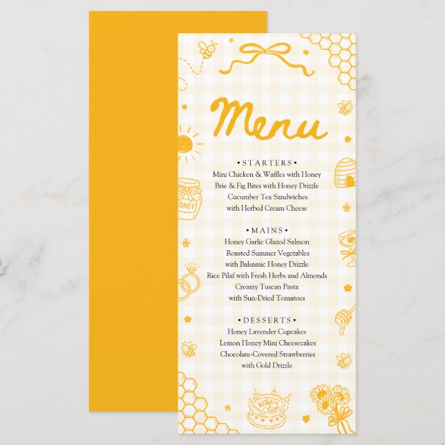 Carte de menu abeille à miel dessinée à la main en (Devant / Derrière)