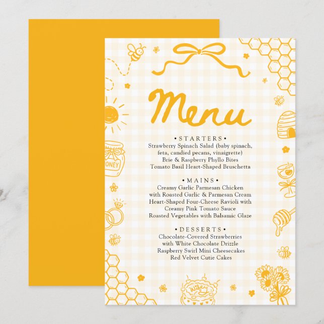 Carte de menu abeille à miel dessinée à la main en (Devant / Derrière)