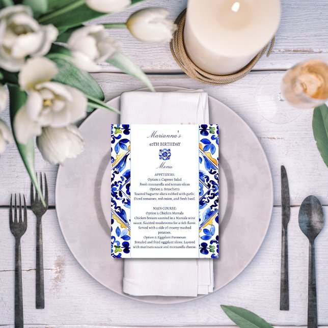 Carte de menu Amalfi Vietri Italienne (Amalfi Vietri Italian blue tiles menu card Mediterranean themed party elegant menu card table decor)