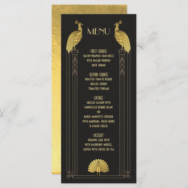 Carte de menu Art Déco Gold et Black Peacock Maria (Devant / Derrière)