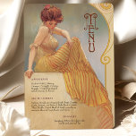 Carte de menu Art Nouveau<br><div class="desc">Laissez-vous tenter par le charme vintage de cette carte de menu d'inspiration Art Nouveau. Doté d'une femme gracieuse dans une robe à rayures jaunes qui coule sur un décor doux et doré orné de tourbillons complexes, ce design rayonne de sophistication et de chaleur. Le texte est magnifiquement stylisé pour compléter...</div>